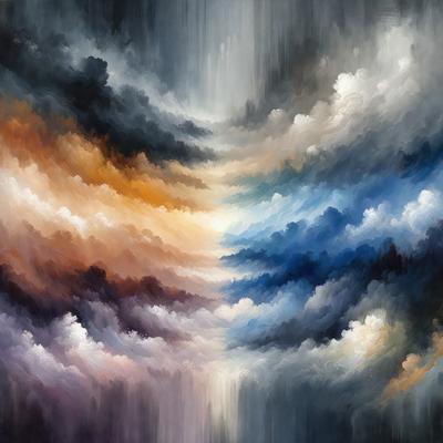 The primary subject of the image is a painting of a cloudy sky. The setting is a cloudy sky with a mix of blue and orange colors. The visual style is a painting, and the colors and mood convey a sense of tranquility and beauty.